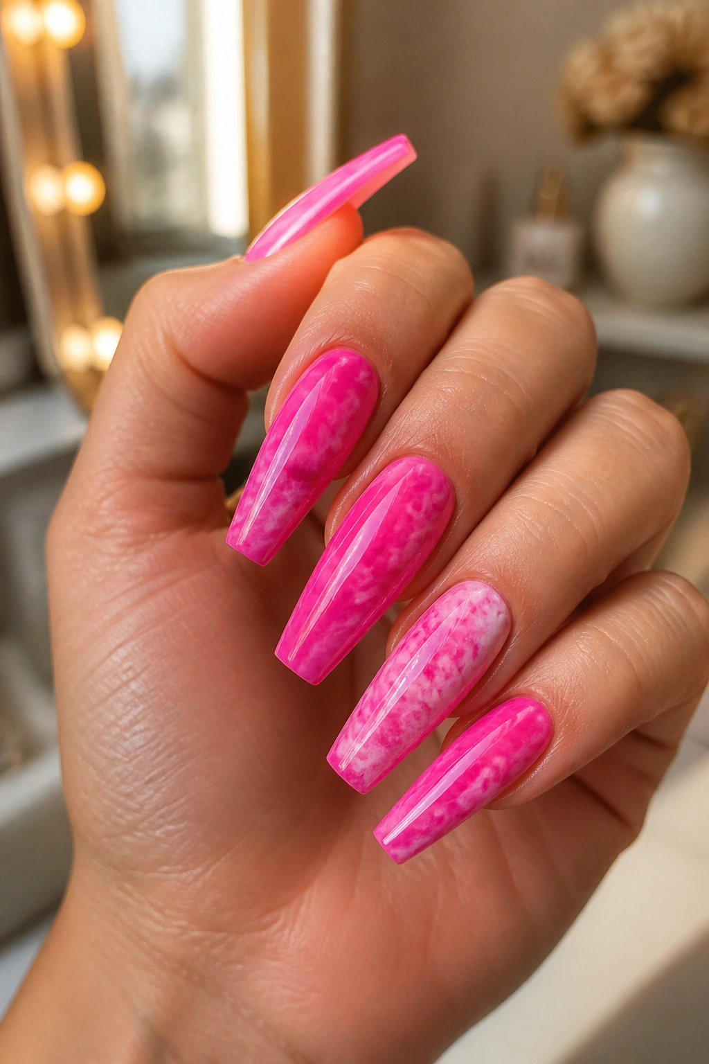Close-up of hot pink marble coffin nails on a hand