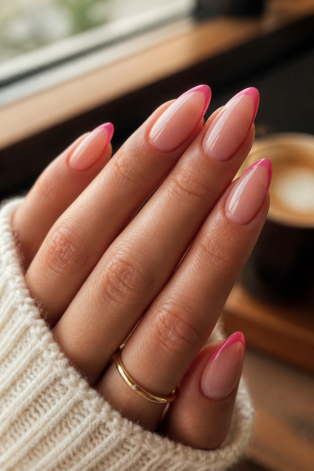 Close-up of long almond nails with hot pink tip lines on a nude base.