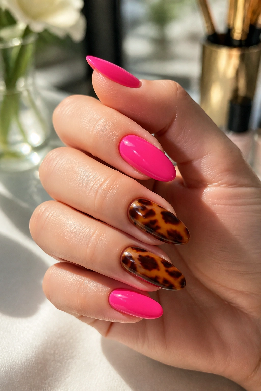 Real hand with hot pink and tortoiseshell almond nails in a sunlit vanity setting