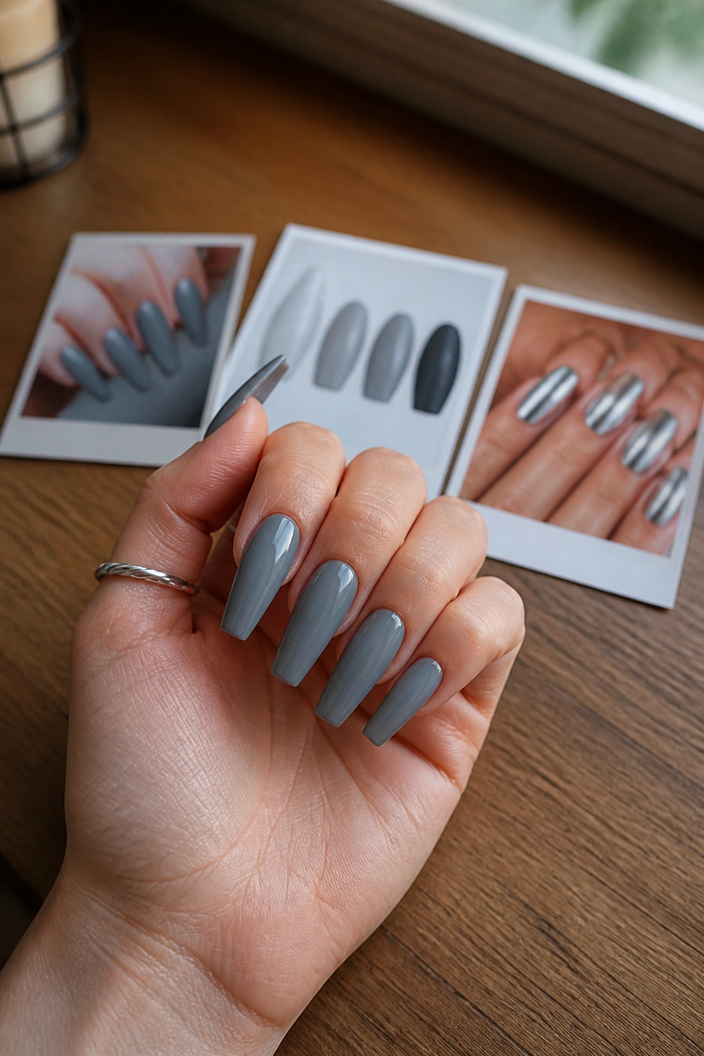 Hand with coffin nails in the foreground; three inspiration photos on a desk behind