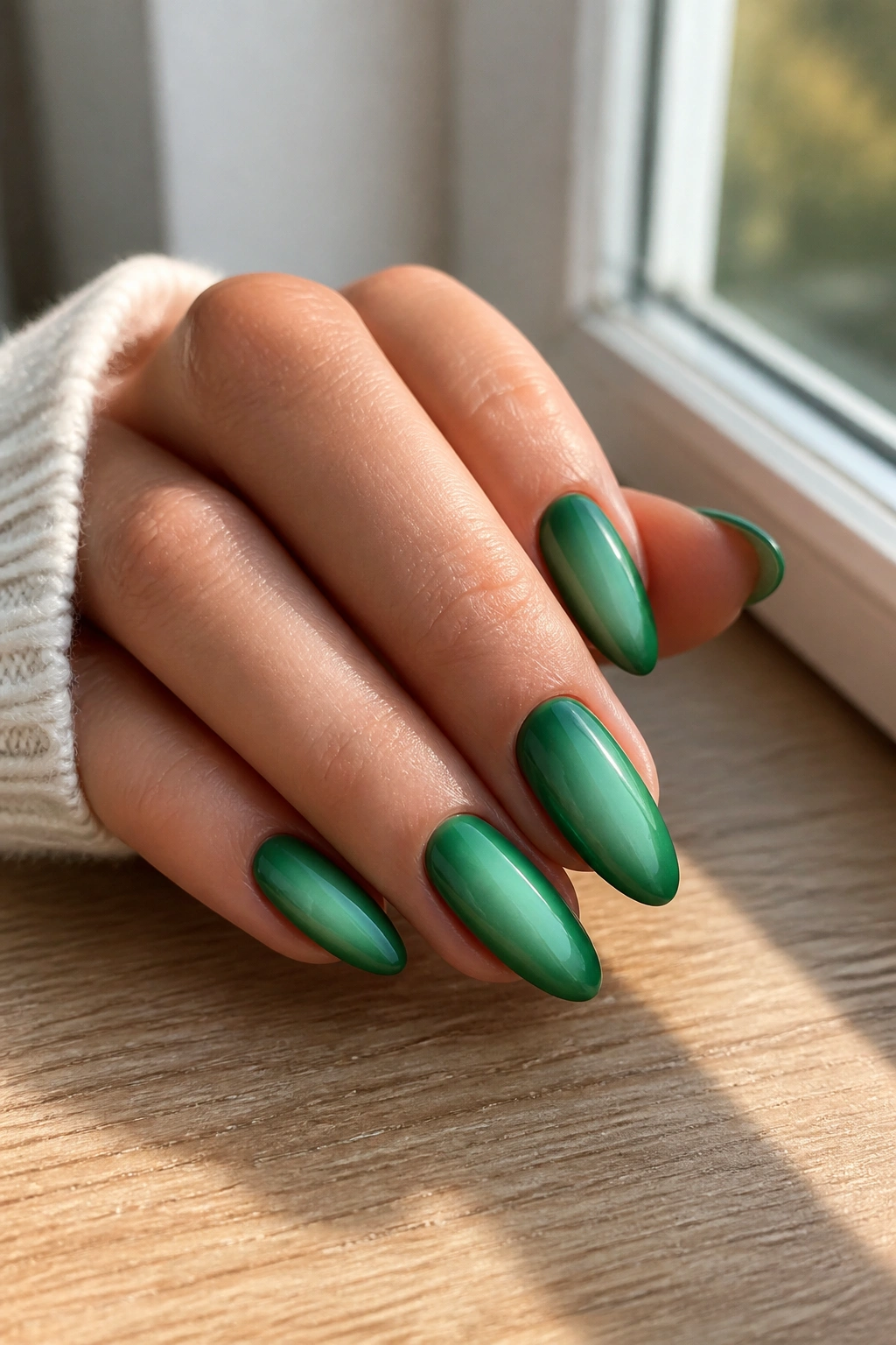 Close-up of a real hand with almond-shaped nails featuring a jade aura glow