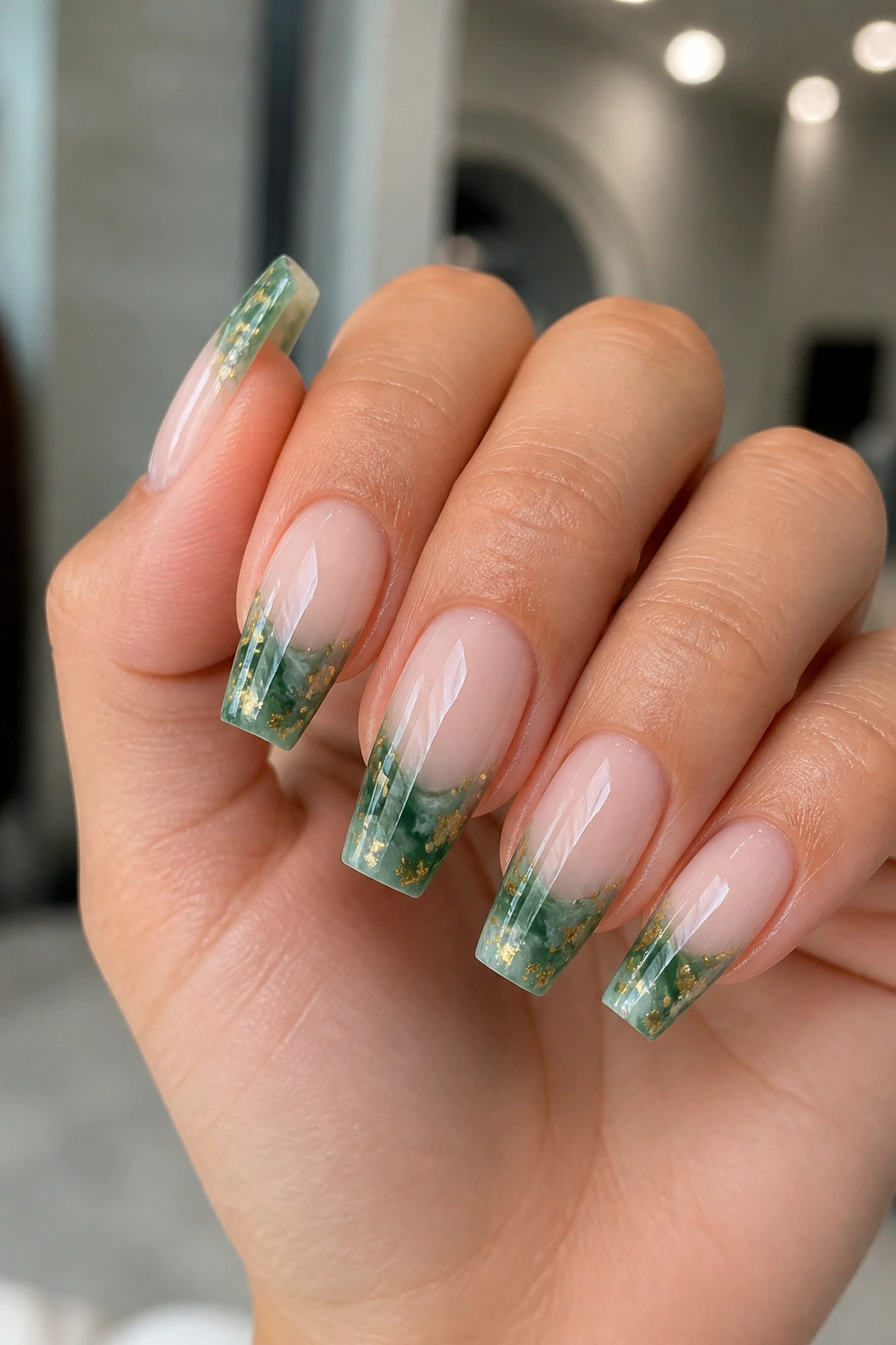 Jade marble French tips with gold foil on coffin nails