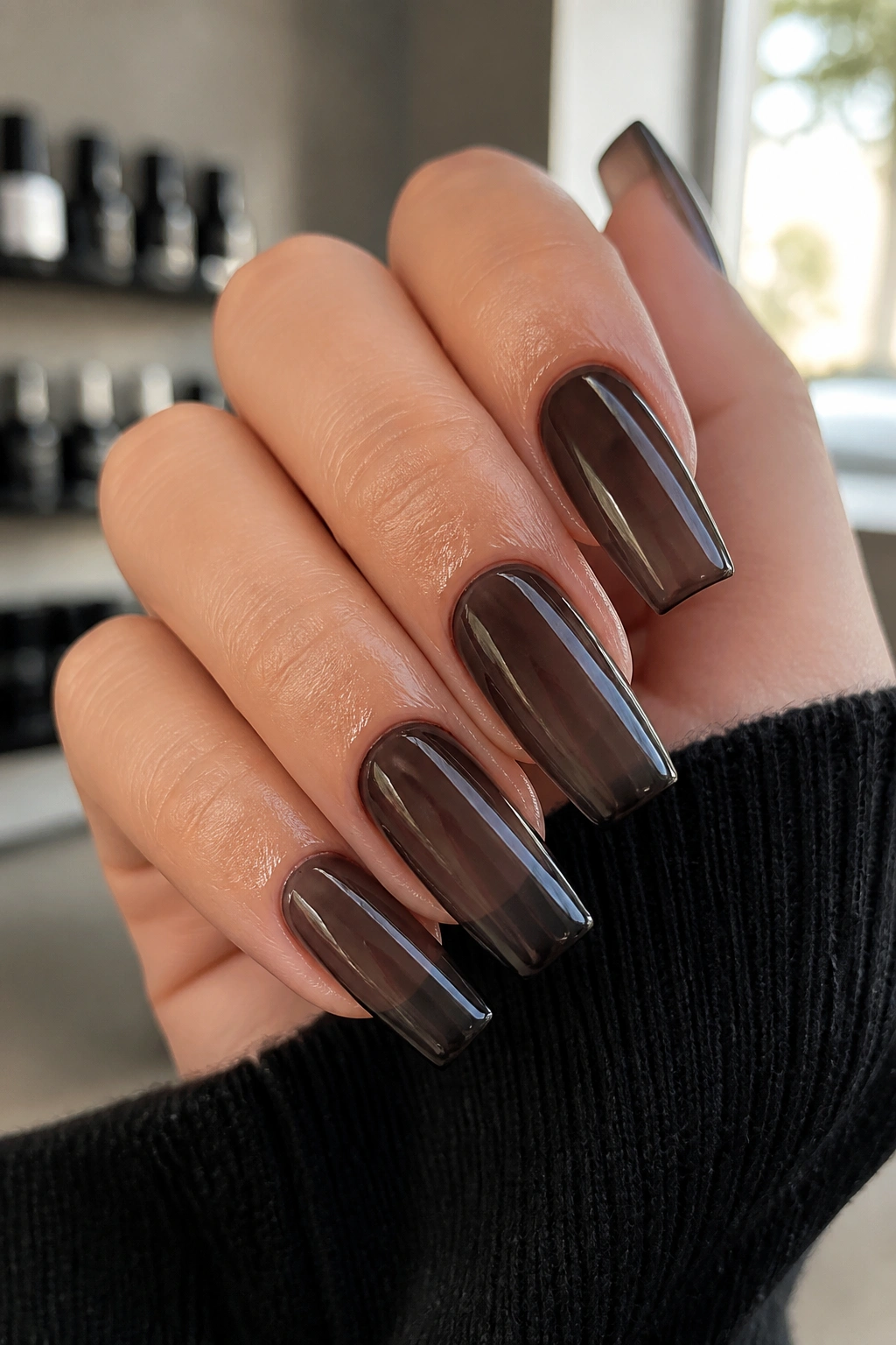 Close-up of sheer black jelly coffin nails on real hand