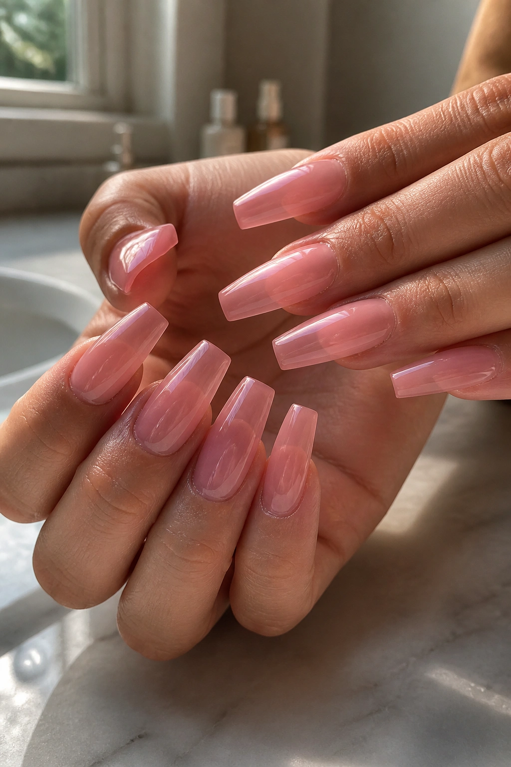 Close-up of jelly blush coffin nails on real hands