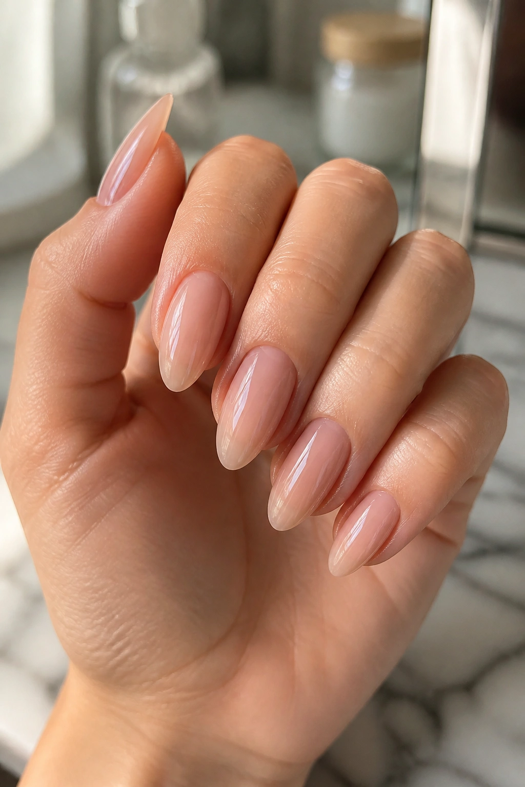Close-up of a real hand with almond-shaped jelly nude nails