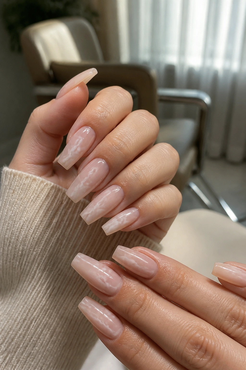 Close-up of jelly nude marble nails with cloudy white bloom on a real hand