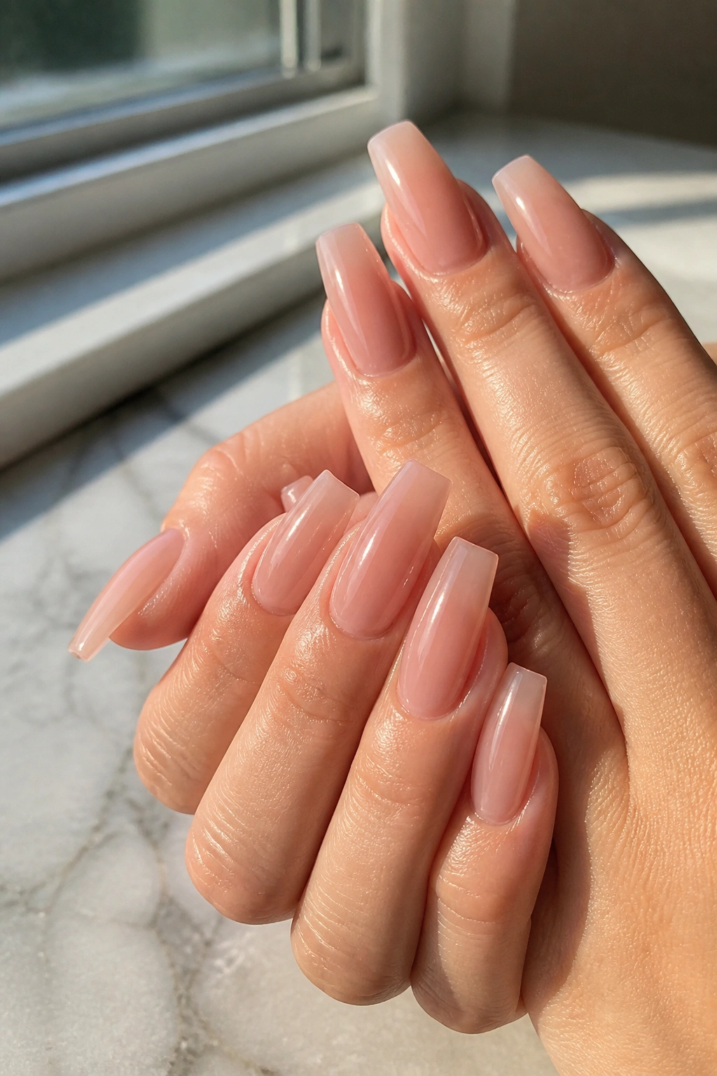 Close-up of jelly nude coffin nails on a real hand with translucent pink-beige layers