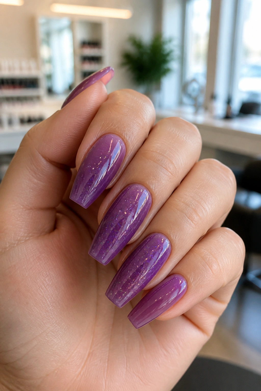 Jelly orchid purple coffin nails with floating glitter close-up