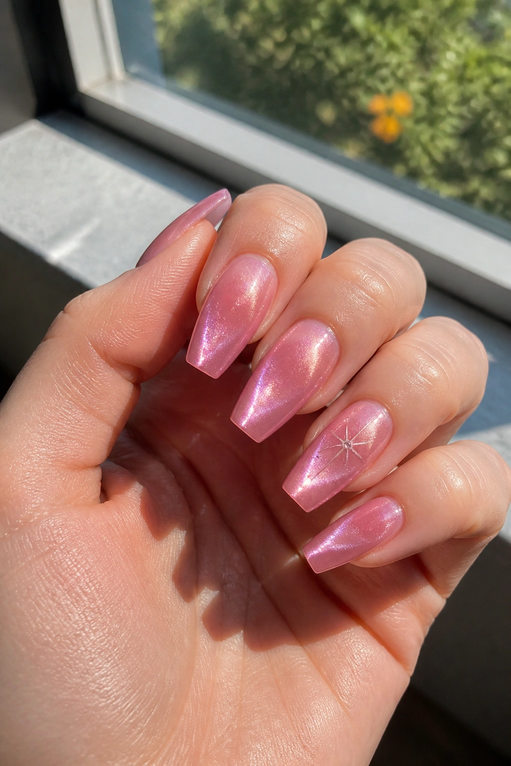 Close-up of real hand with jelly pink cat eye nails and a starburst accent nail