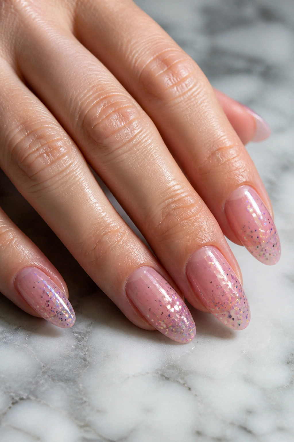 Close-up of jelly pink almond nails with scattered confetti glitter on a real hand