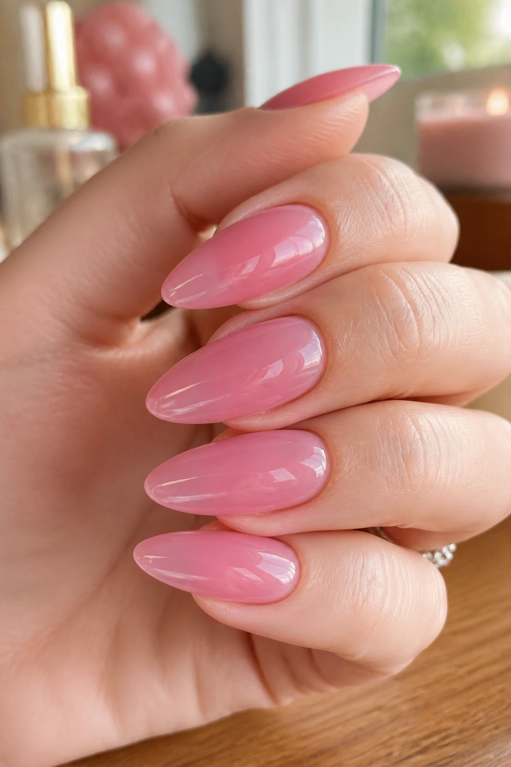 Close-up of a real hand with almond nails in translucent candy pink jelly.