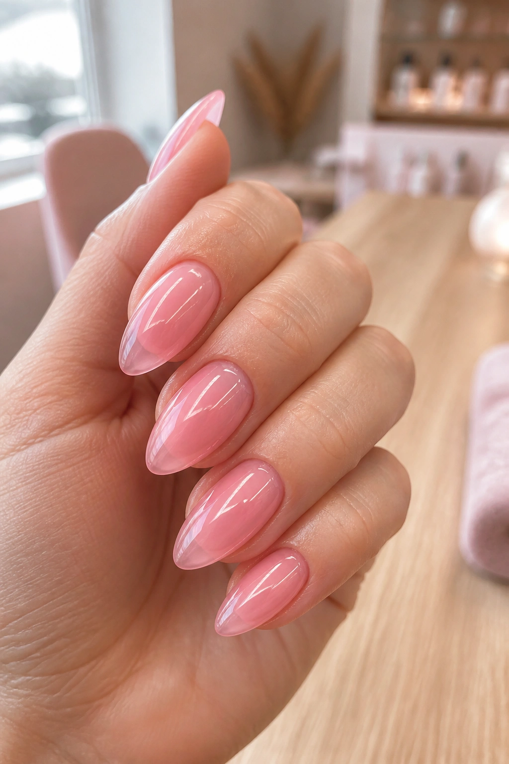 Close-up of jelly pink almond nails with translucent glossy finish on a hand