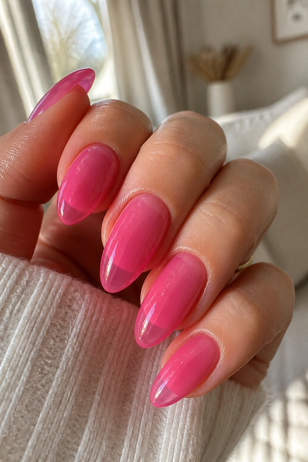 Translucent jelly pink almond nails on a real hand in daylight