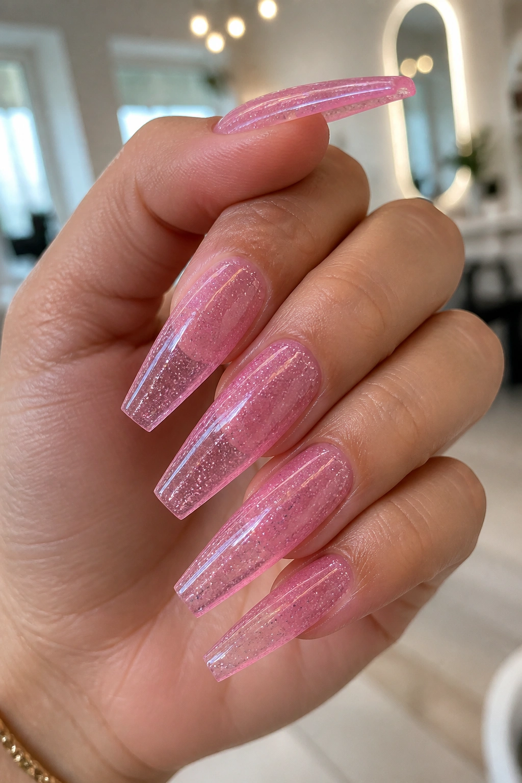 Close-up jelly pink coffin nails with suspended glitter on a real hand.