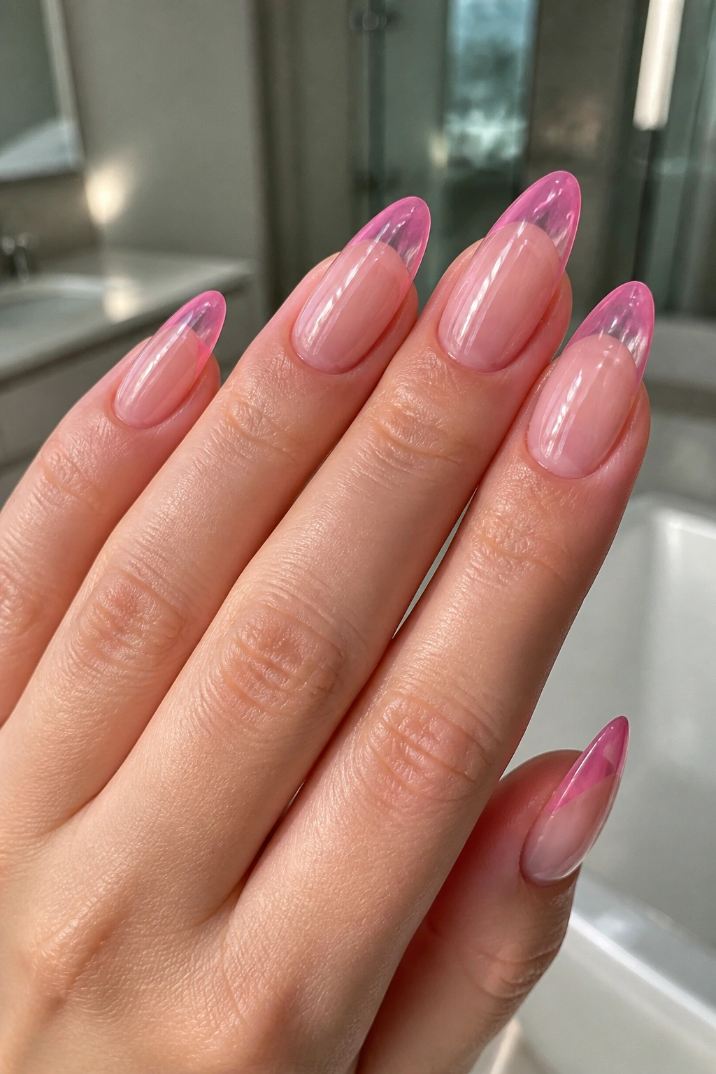Close-up of long almond nails with jelly pink tips on a real hand in bright bathroom vanity setting.