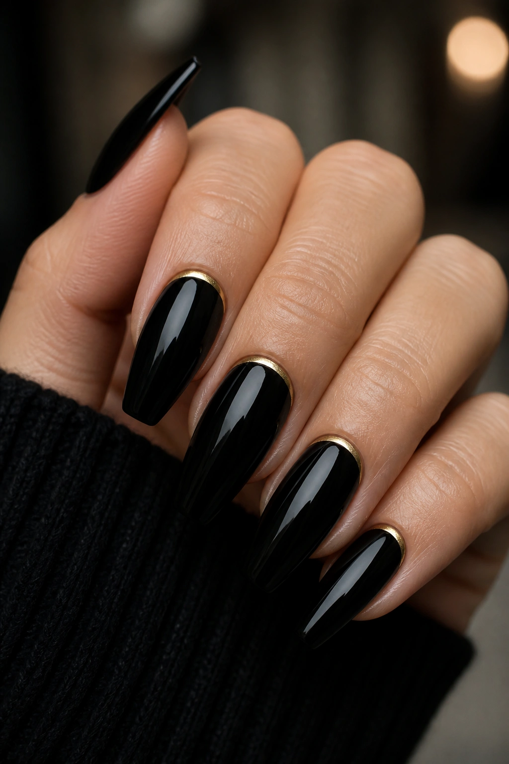 Jet black coffin nails with thin gold arcs at cuticle on real hand