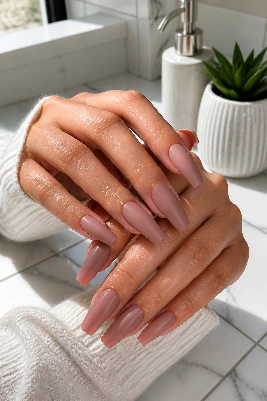 Close-up of chip-free matte coffin nails in a bright bathroom setting