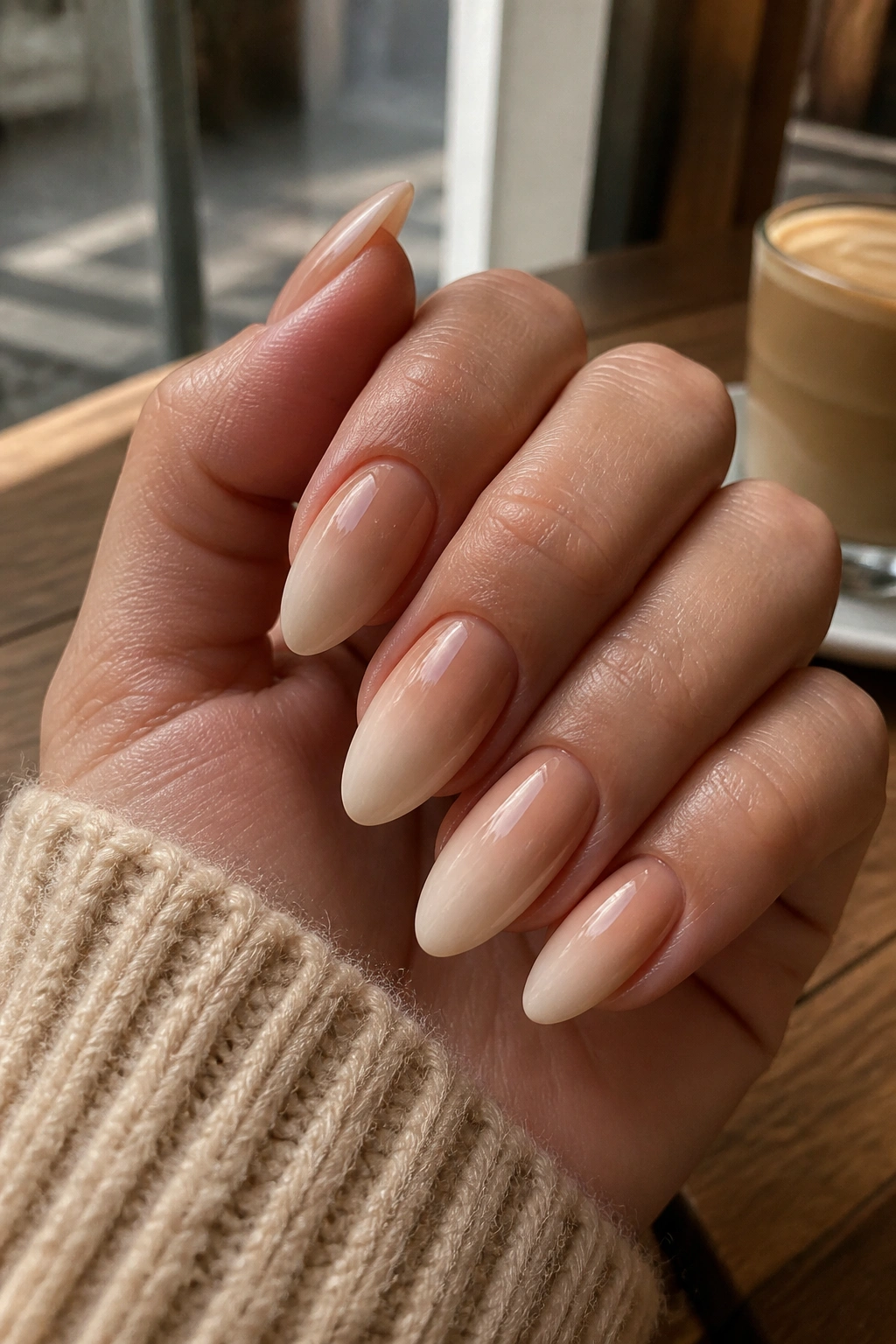 Latte-to-cream almond nails close-up on real hand