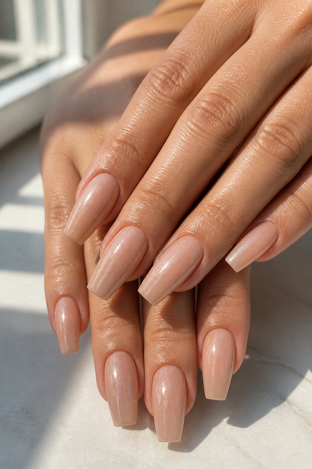 Close-up of latte nude coffin nails with a soft pearl veil on a real hand