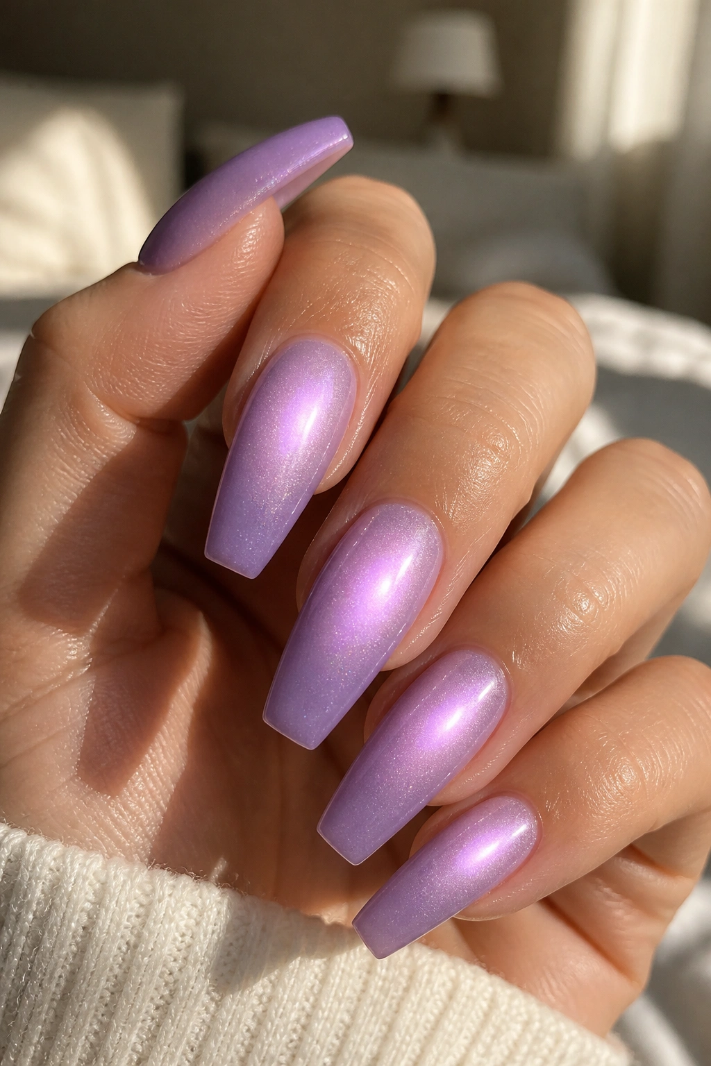 Close-up of lavender aura coffin nails with pearly shine on a real hand