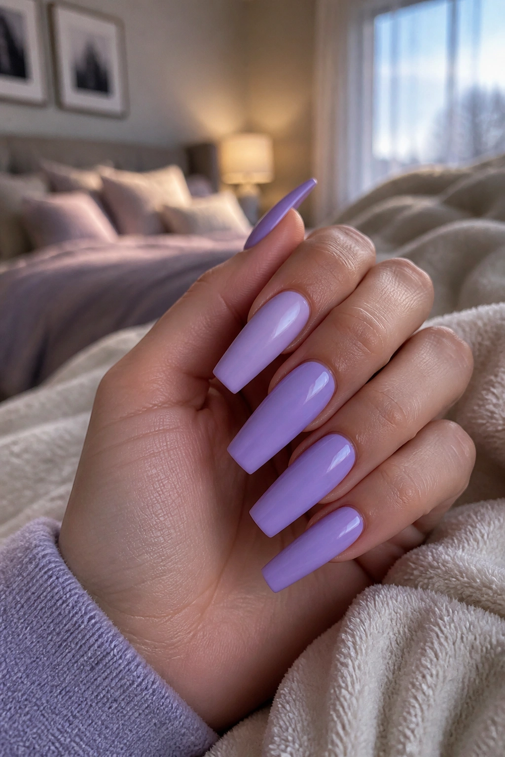 Close-up of lavender coffin nails on a real hand in a warm bedroom setting