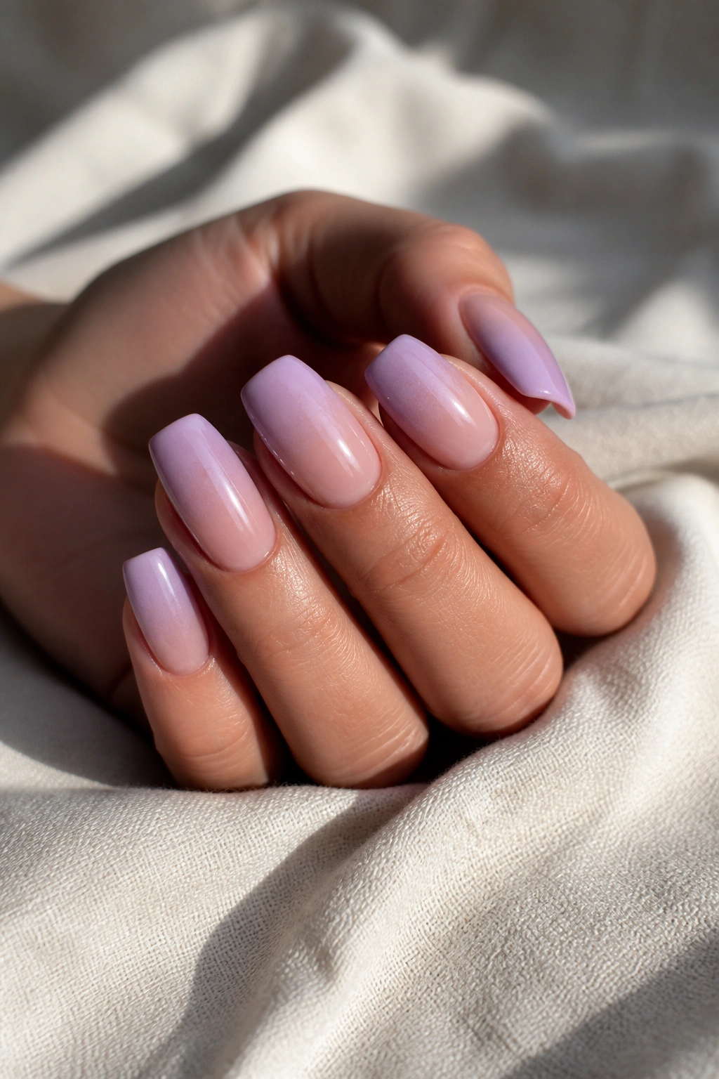 Lavender Baby Boomer French Fade on coffin nails with lavender tips fading to nude.