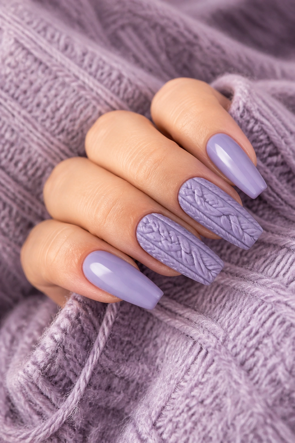 Close-up of lavender coffin nails with knitted texture on a real hand