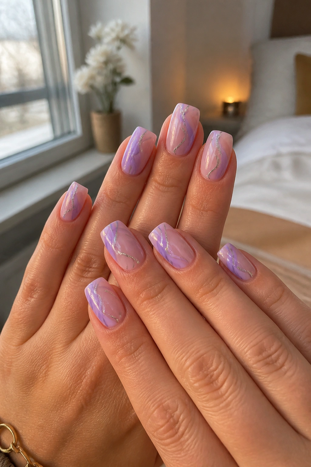Close-up of real hands with lavender aura swirls and silver line on nails