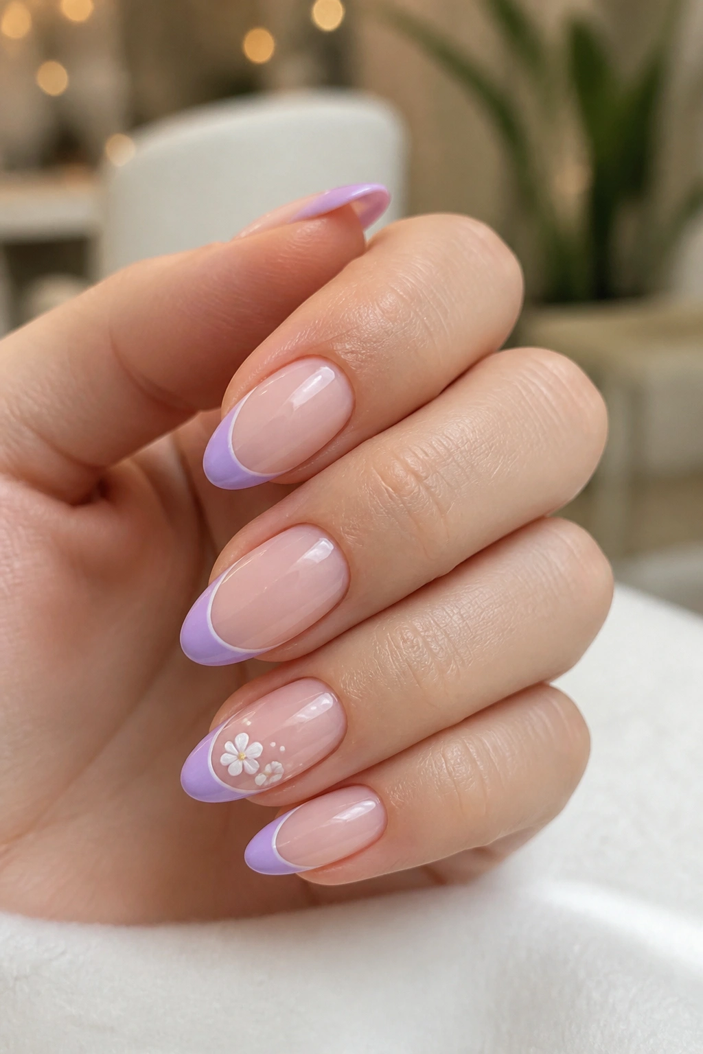Almond nail with lavender French tip and small white blooms