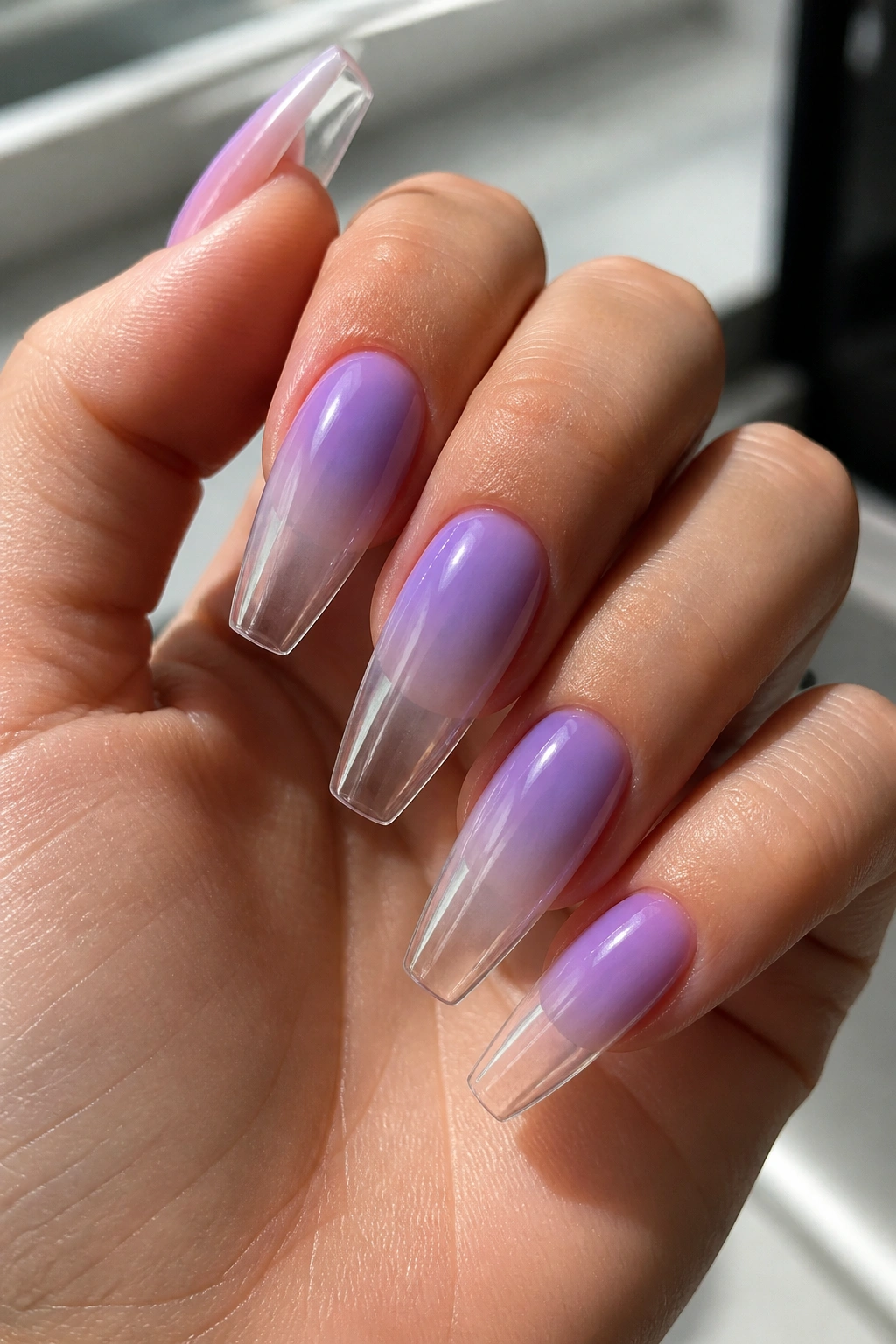 Close-up of lavender ombre fading into a clear tip on coffin nails