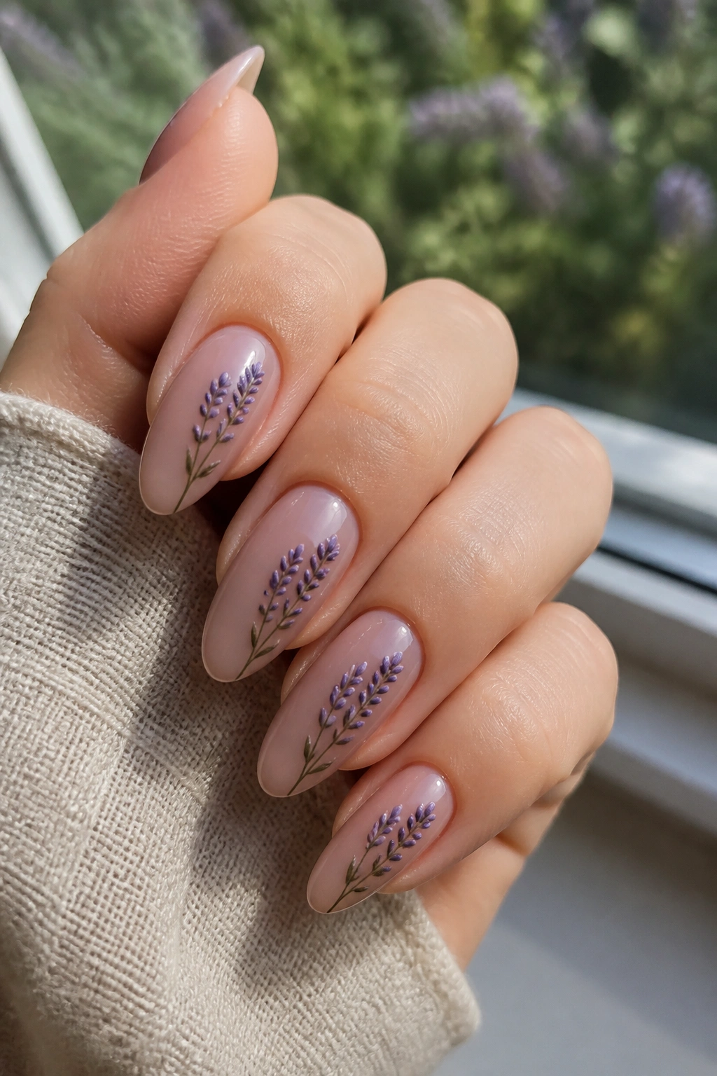 Almond nails with lavender sprig line art along the side