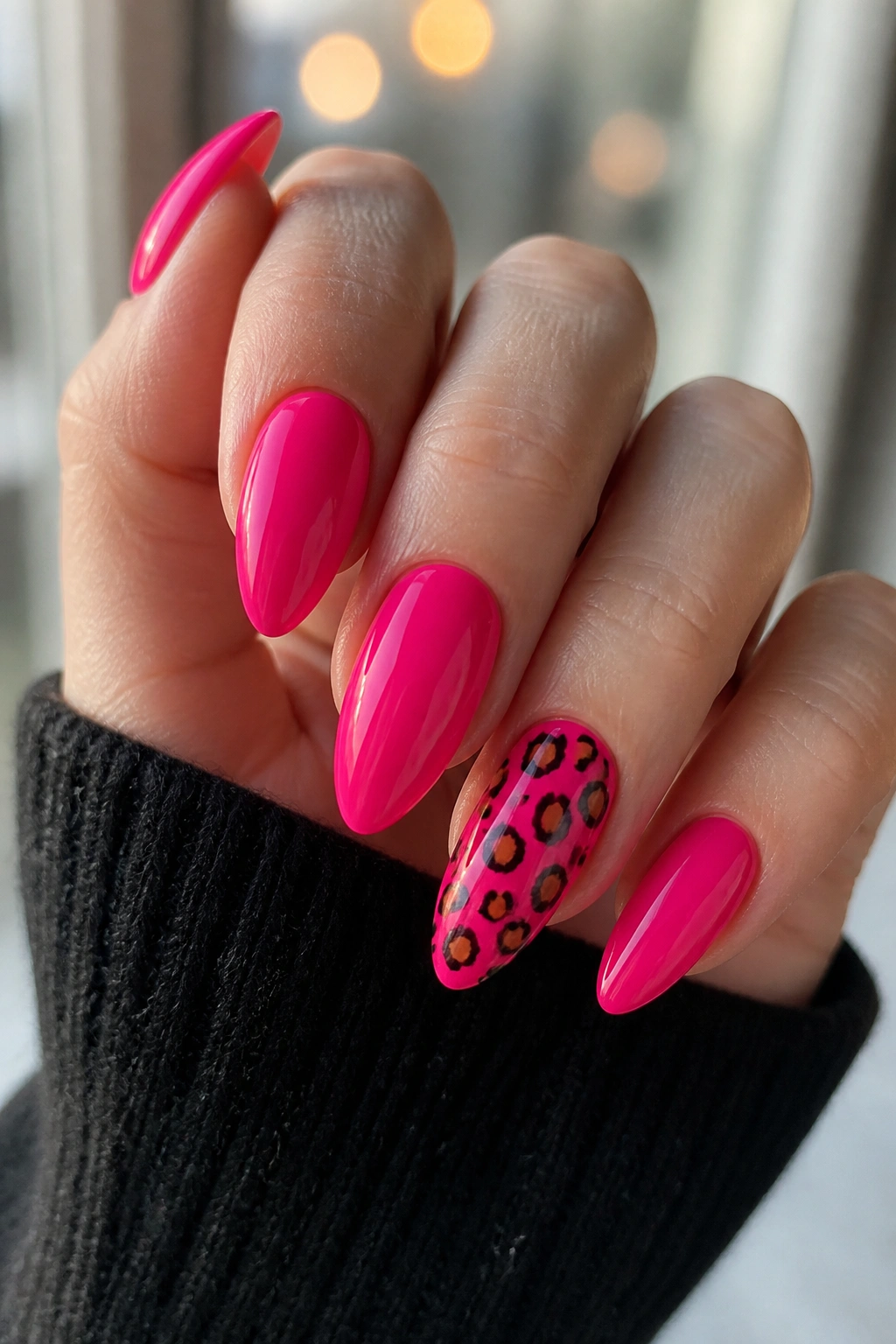 Hand with hot pink almond nails featuring leopard accent nail