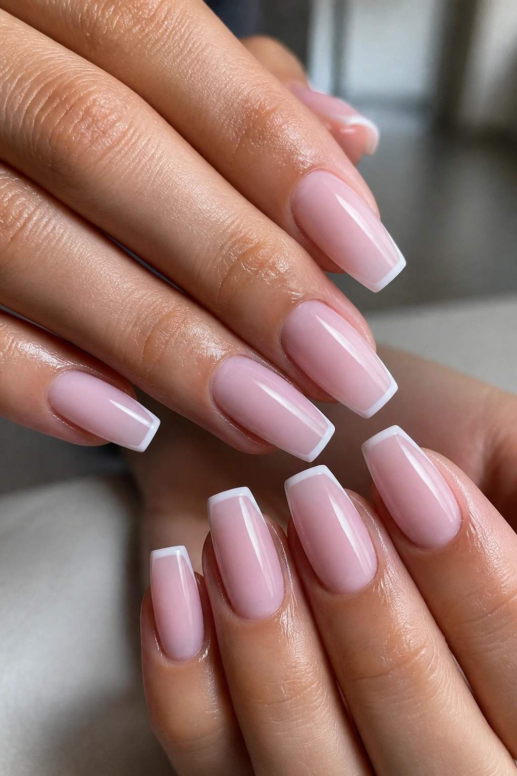 Close-up of light pink coffin nails with micro white tips on real hands