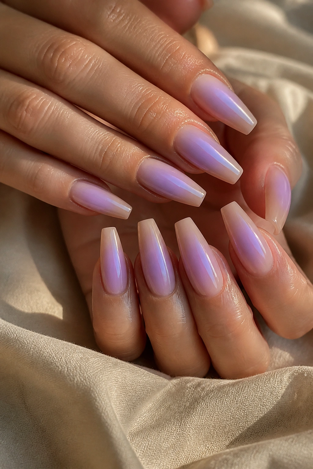 Close-up of Lilac Aura Center-Glow Coffin Nails on a real hand with lilac center glow and nude base.