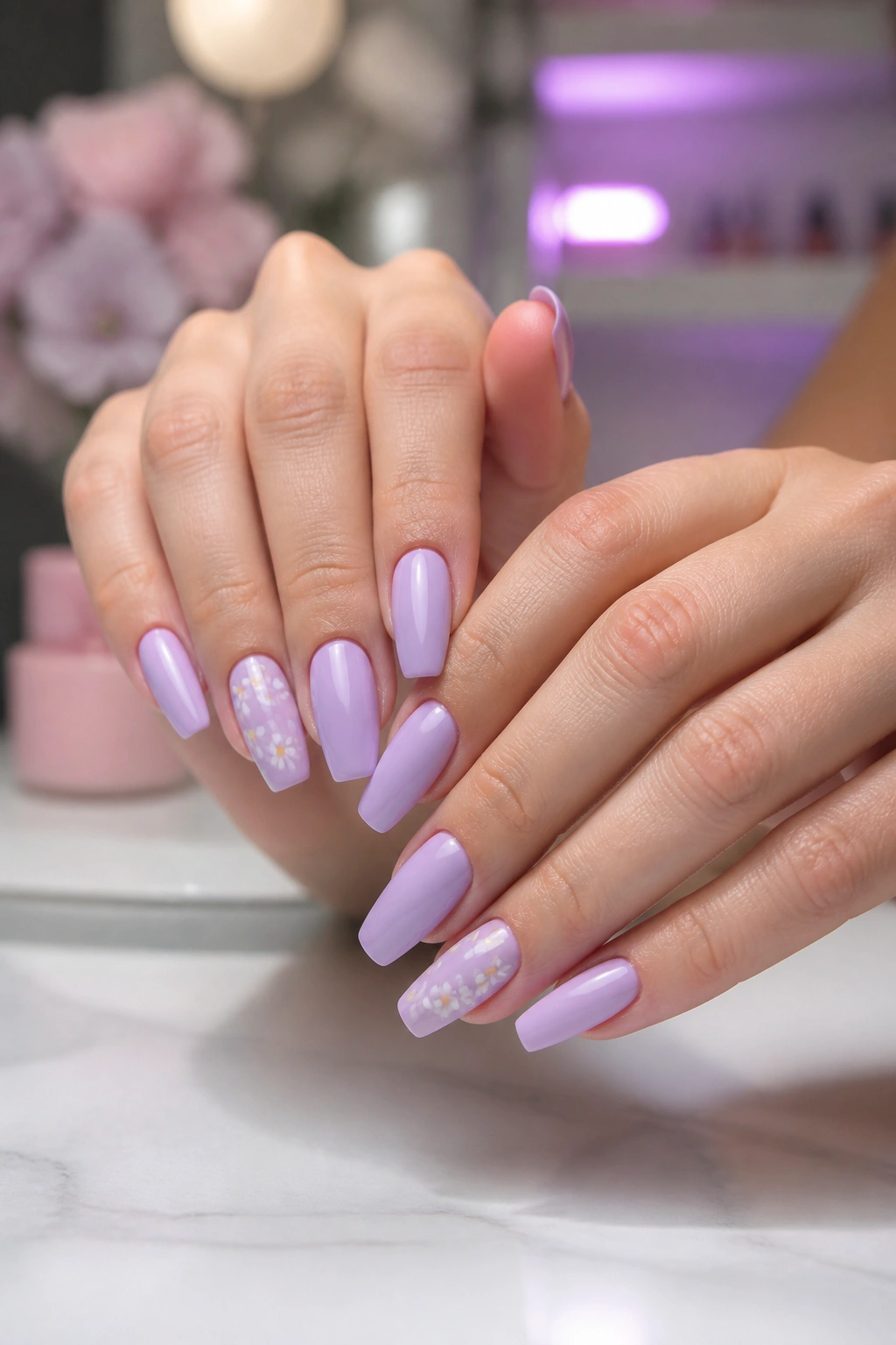 Close-up of lilac nails with a daisy accent on one nail per hand.