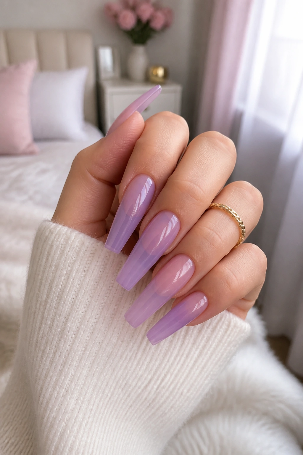 Lilac jelly coffin nails close-up with translucent finish