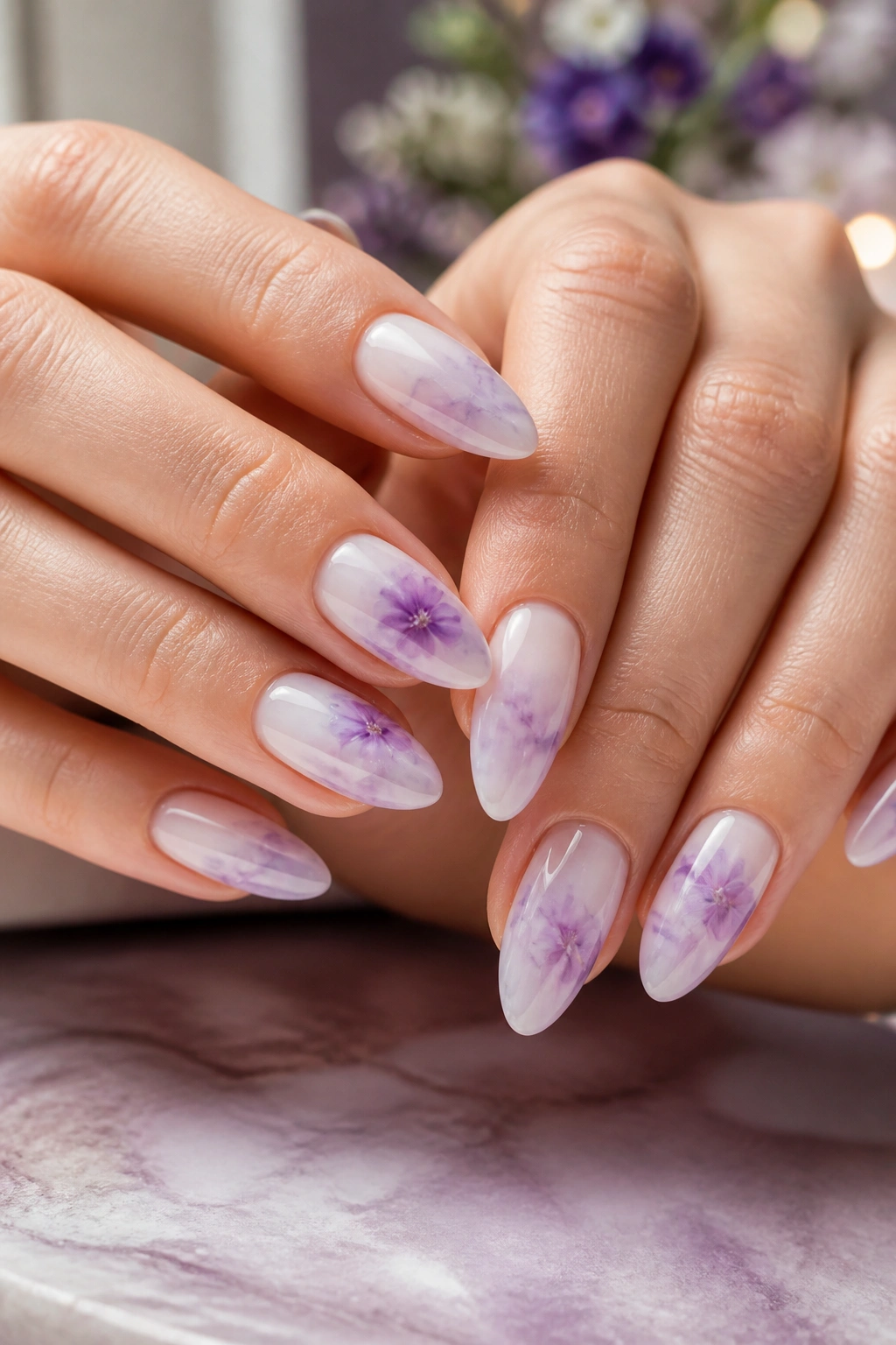 Almond nails with lilac marble and floating violets on a real hand