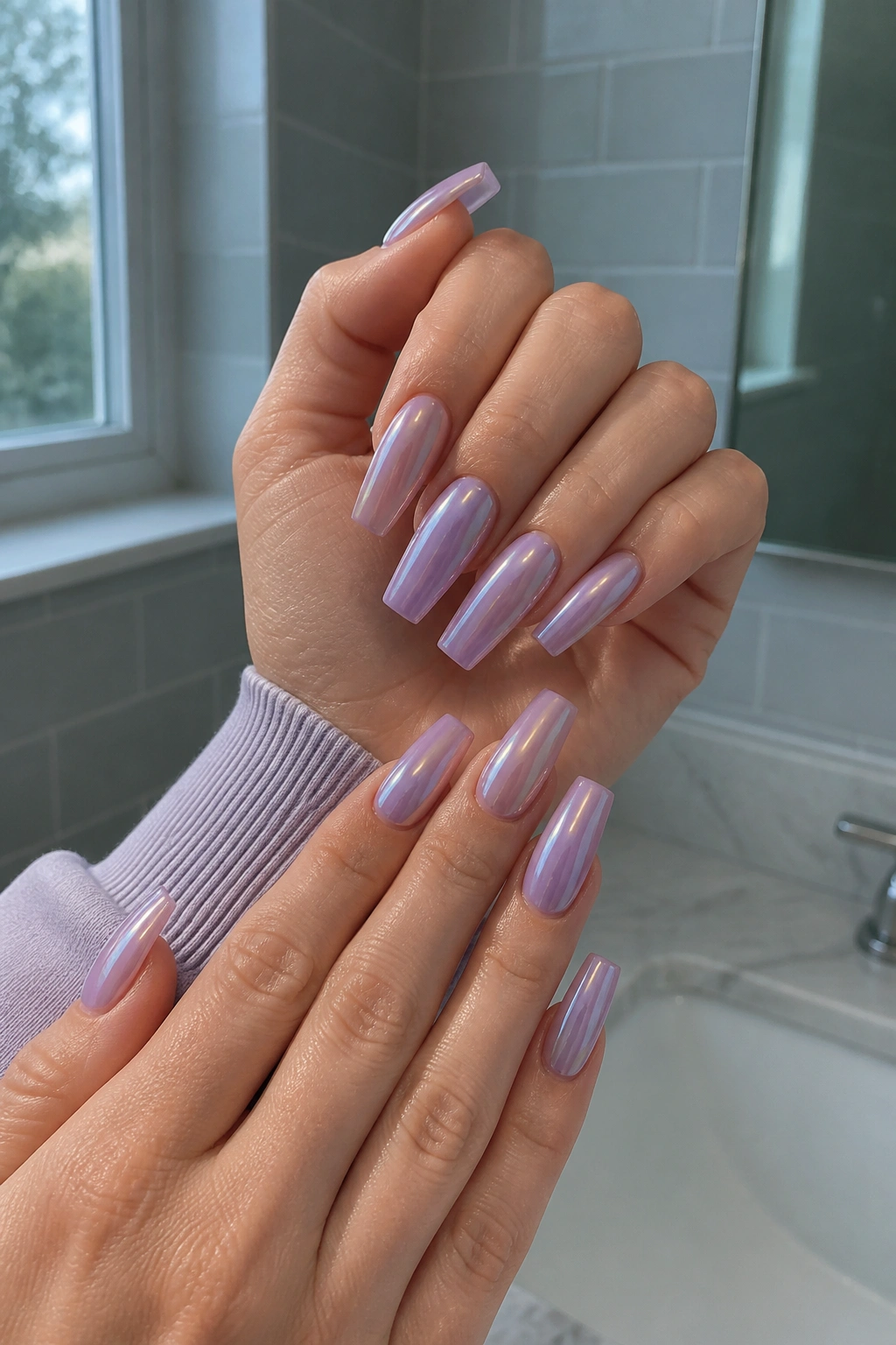 Close-up of hands with lilac pearl coffin nails on a cool lavender base under soft window light.