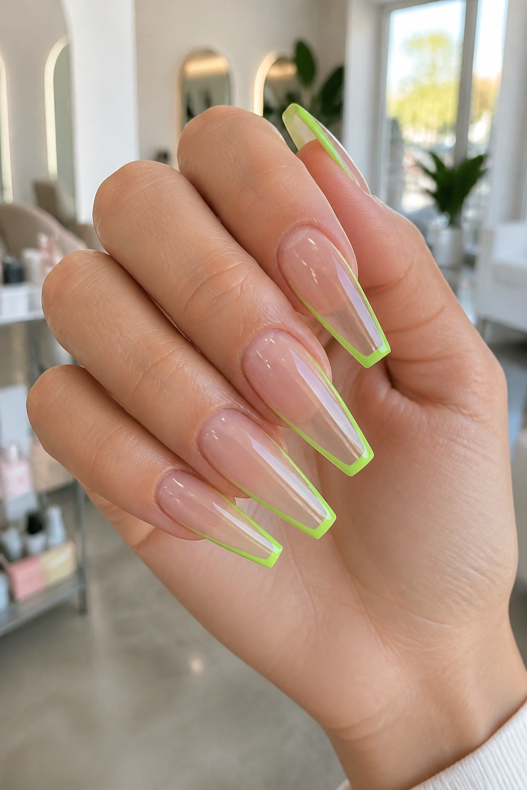 Lime green outline French on a clear coffin base
