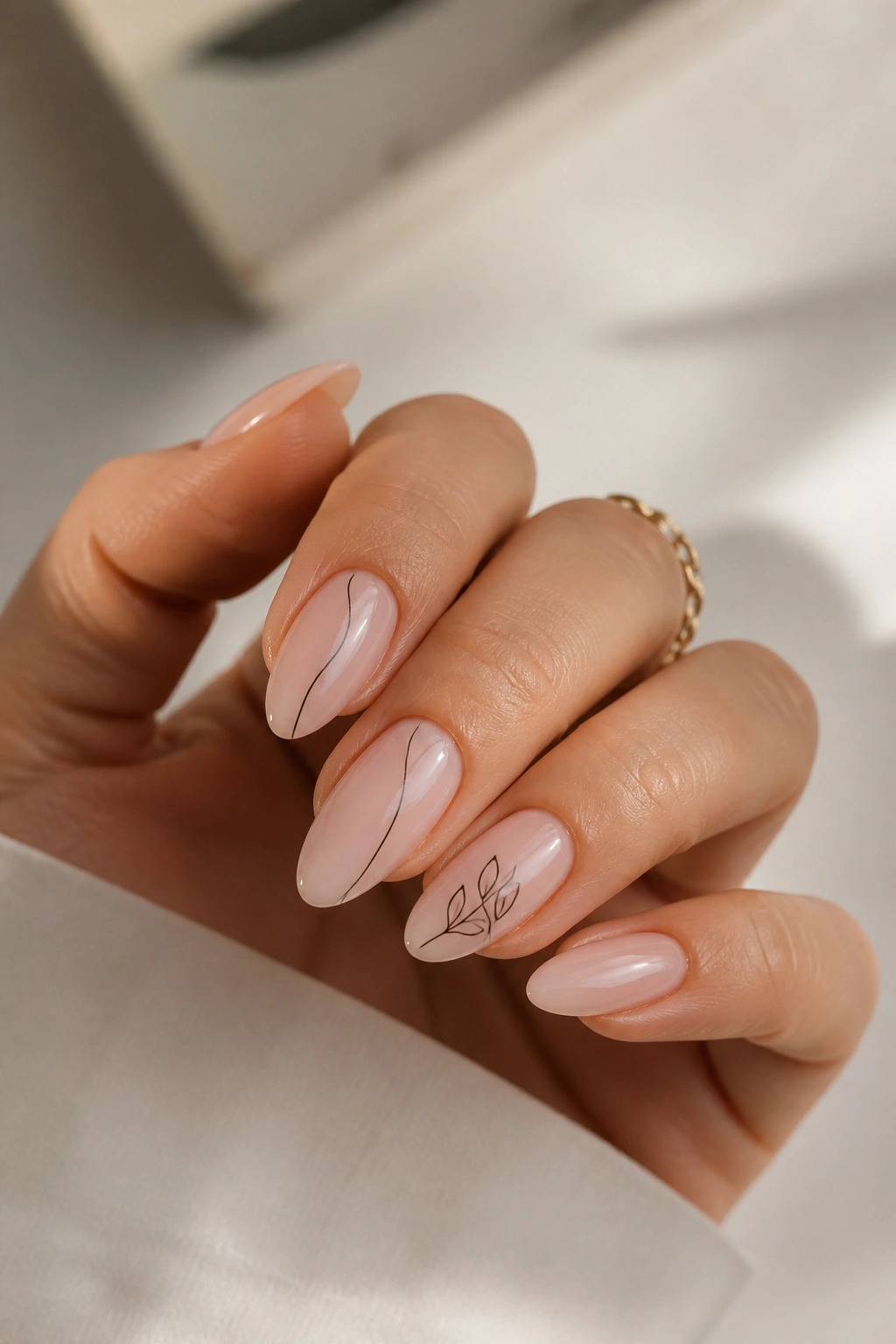 Almond nails with tiny line art on a couple of nails