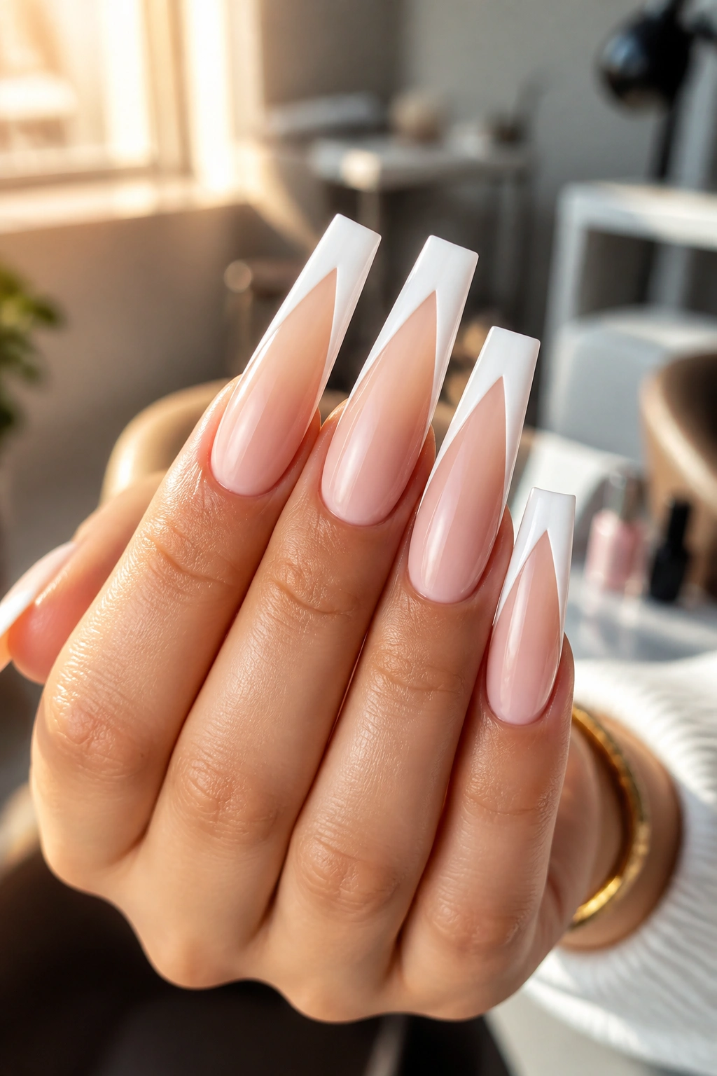 Close-up of long coffin nails with bright white tips on a real hand in a salon