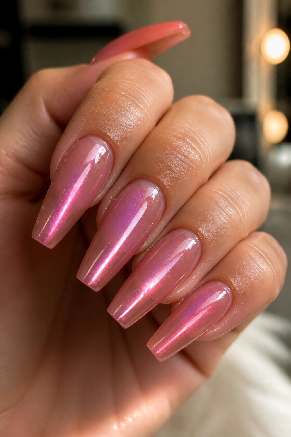 Close-up of pink cat-eye coffin nails with a ribbon-like magnetic glow running center