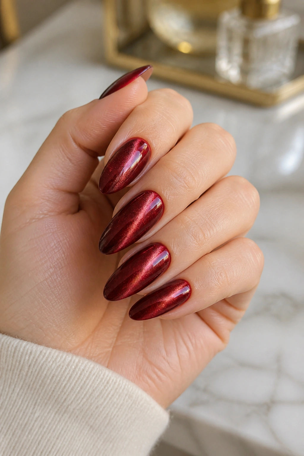Close-up of a real hand with almond nails showing velvet red magnetic polish and a curved shimmer