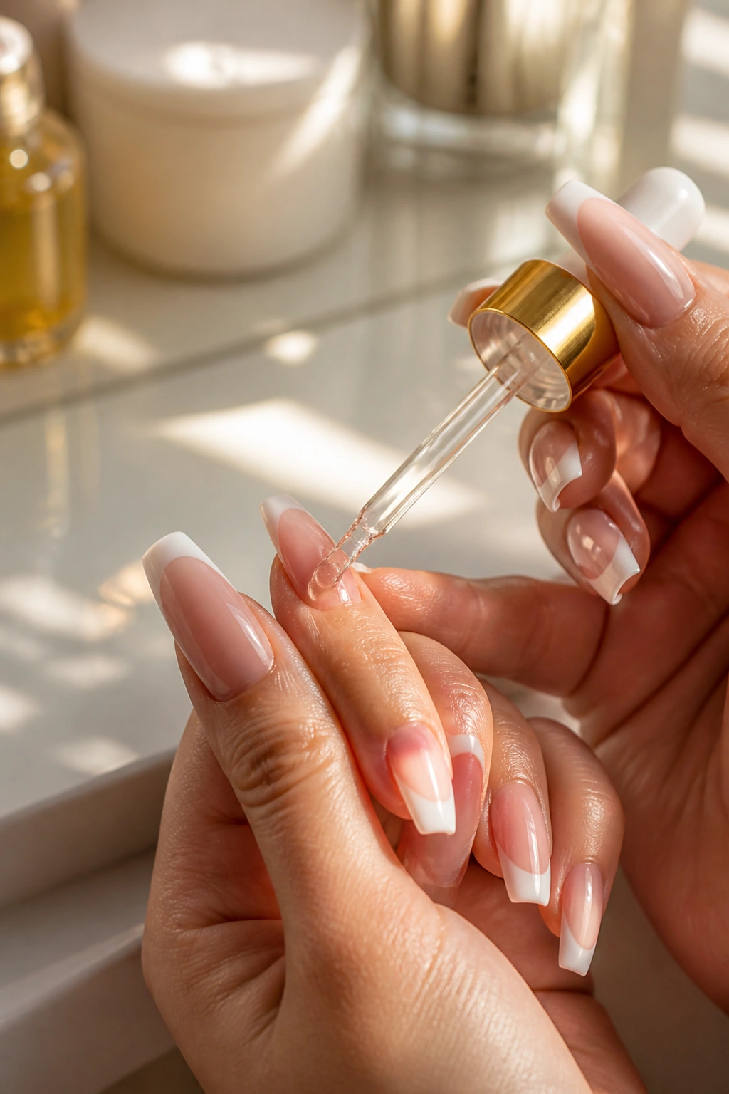Hand applying cuticle oil to coffin nails with French tips at vanity