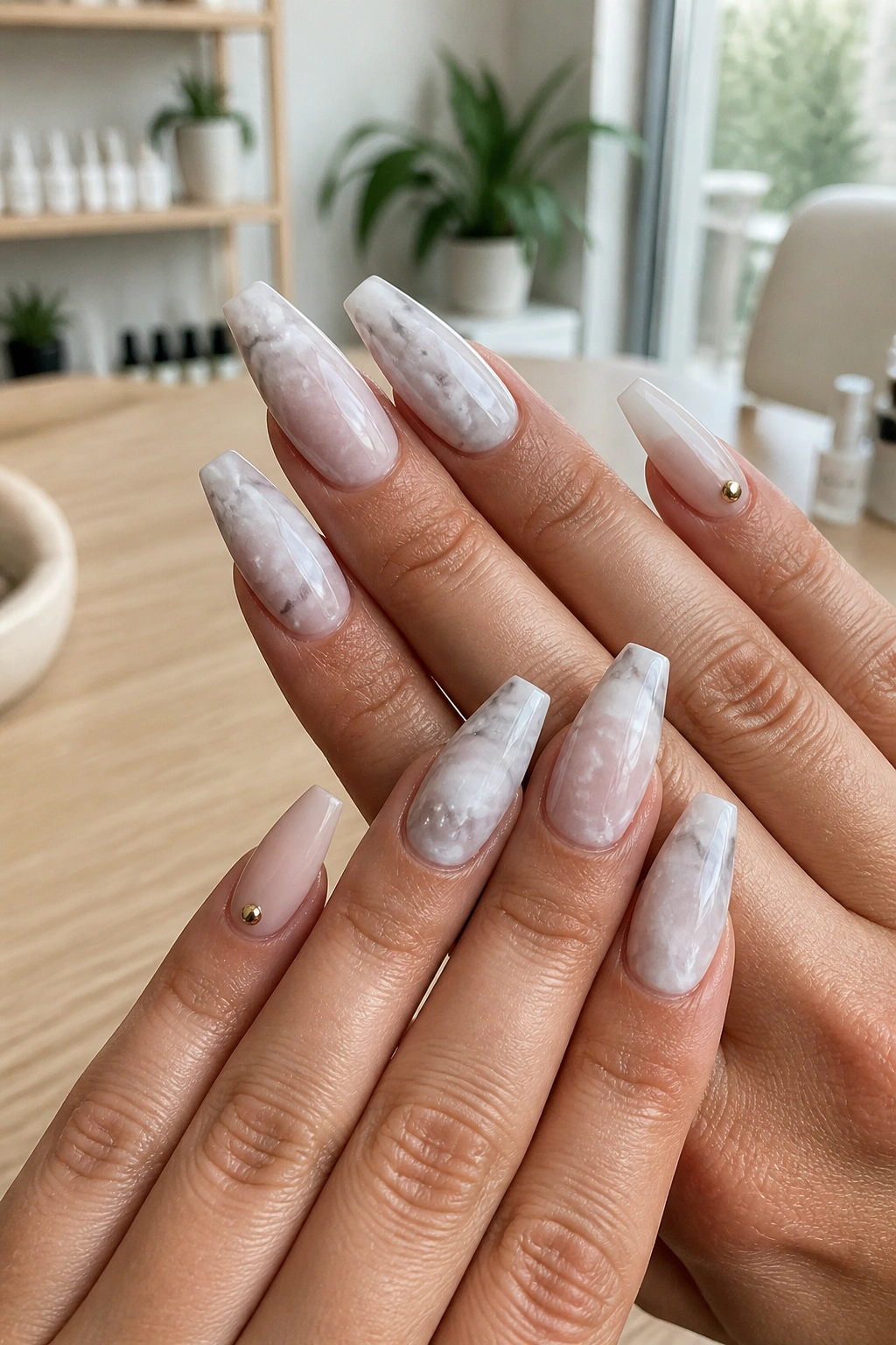 Hands showing clean marble coffin nails with restrained design