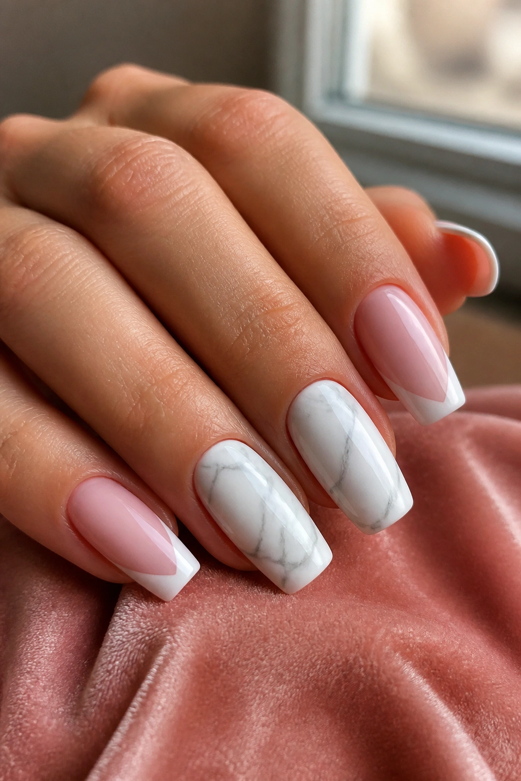 Close-up of nails featuring white marble accents with pink French tips on a soft pink velvet background
