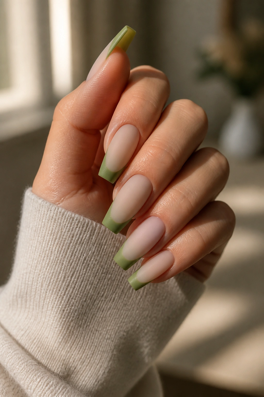 Close-up of matcha green coffin nails with a soft matte top coat