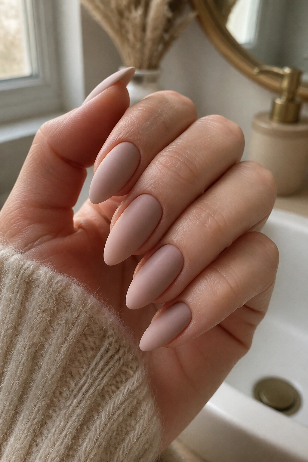Close-up of hand showing matte nude almond nails with velvety finish