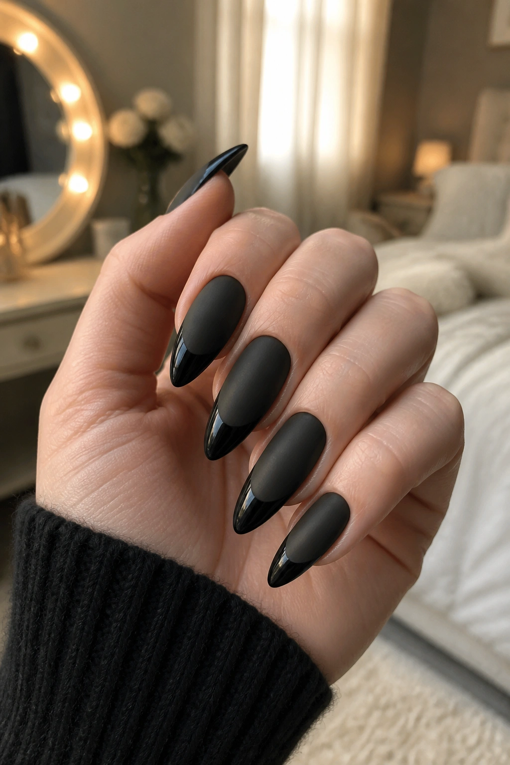 Close-up of matte black almond nails with glossy tips