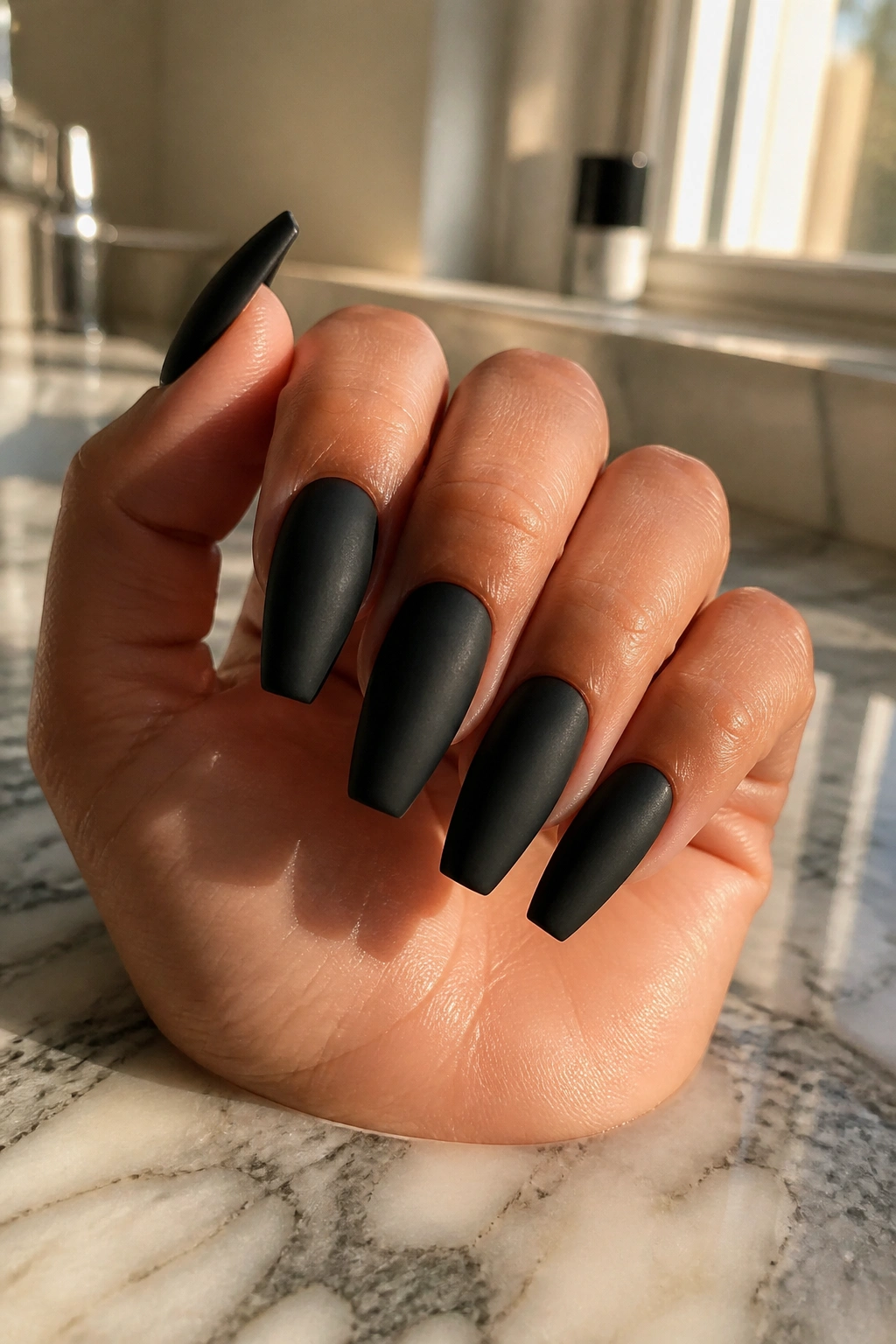 Close-up of matte black coffin nails on a hand in a warm bathroom setting.